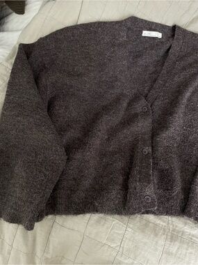 OAK + FORT Dark Brown Fuzzy V-Neck Button Cardigan